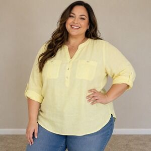 Talbots Tunic Top Yellow Solid 100% Linen Roll Tab‎ Coastal 2XP